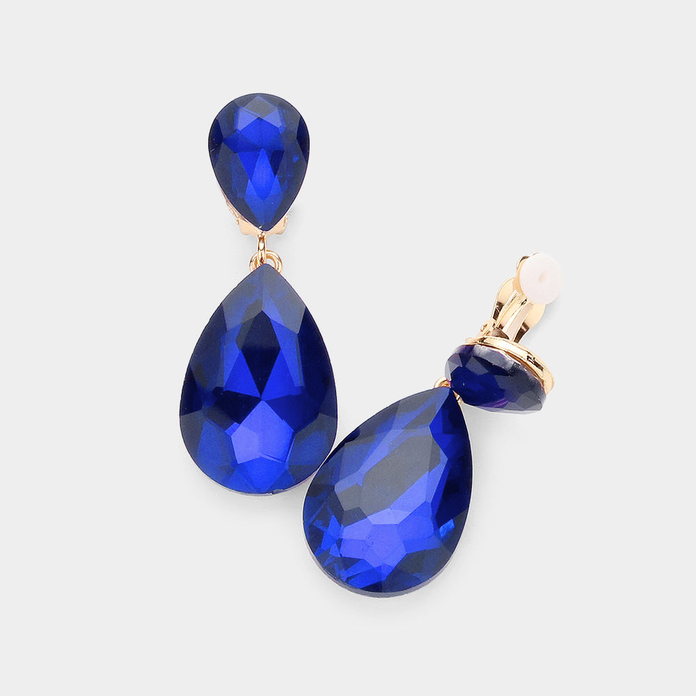 Women's Glass Crystal Double Teardrop Clip on Evening Dangle Earrings