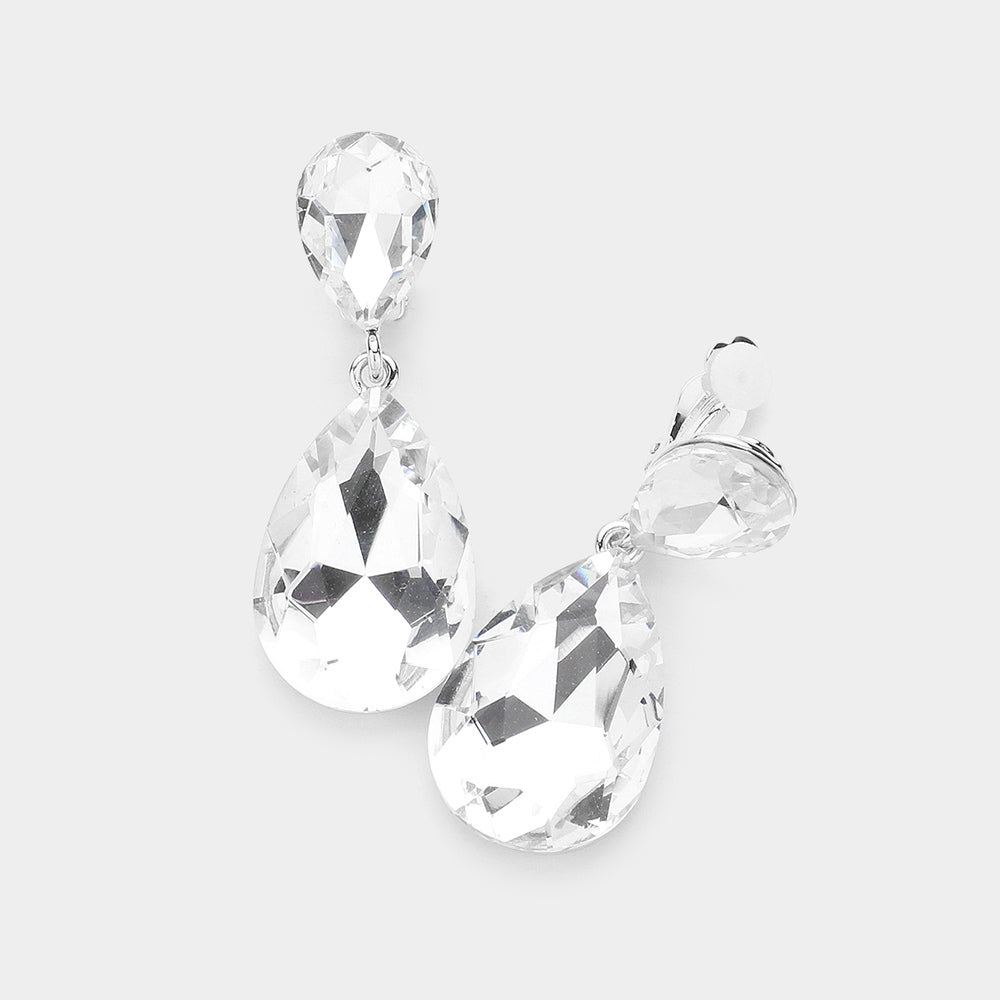 Women's Glass Crystal Double Teardrop Clip on Evening Dangle Earrings