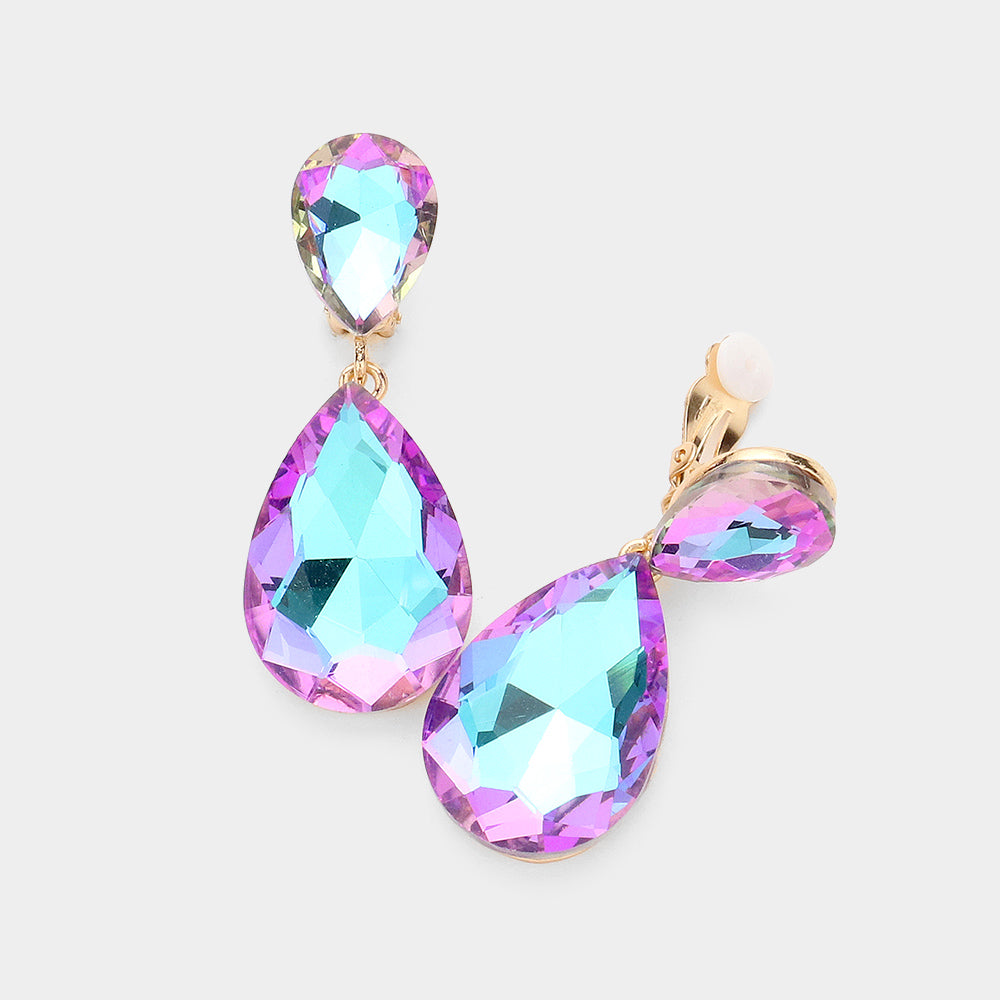 Women's Glass Crystal Double Teardrop Clip on Evening Dangle Earrings
