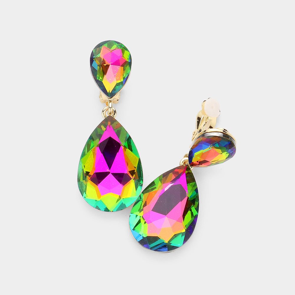 Women's Glass Crystal Double Teardrop Clip on Evening Dangle Earrings