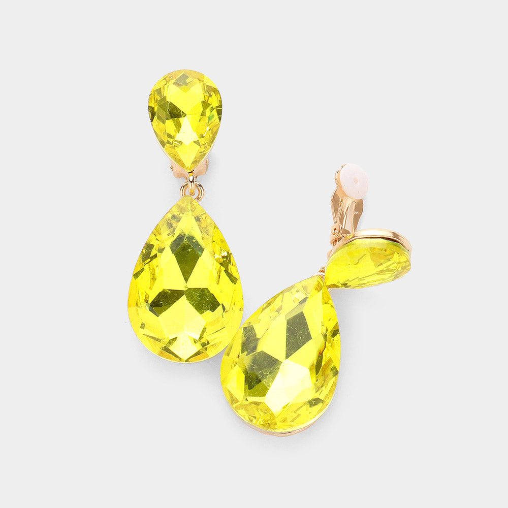 Women's Glass Crystal Double Teardrop Clip on Evening Dangle Earrings