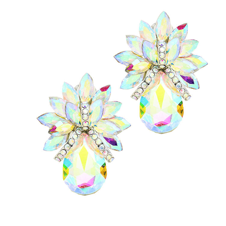 Women's Glass Crystal Petal Teardrop Clip On Dangle Earrings