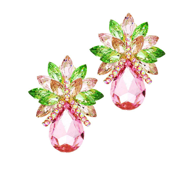 Women's Glass Crystal Petal Teardrop Clip On Dangle Earrings