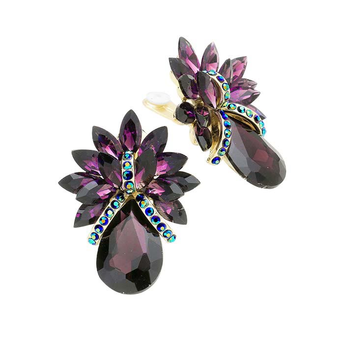 Women's Glass Crystal Petal Teardrop Clip On Dangle Earrings