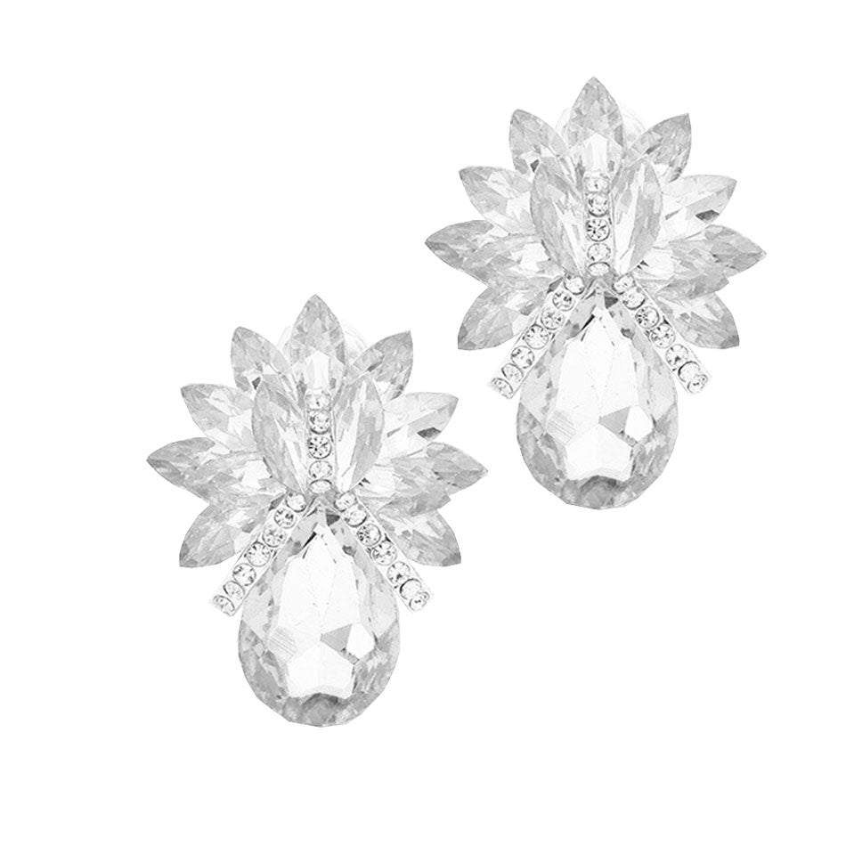 Women's Glass Crystal Petal Teardrop Clip On Dangle Earrings