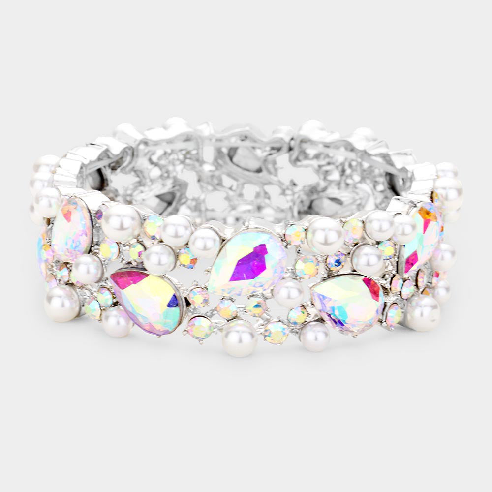 Glass Crystal Teardrop Pearl Stretch Bracelet