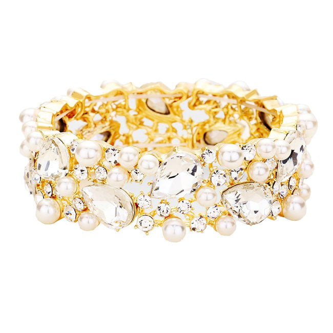 Glass Crystal Teardrop Pearl Stretch Bracelet
