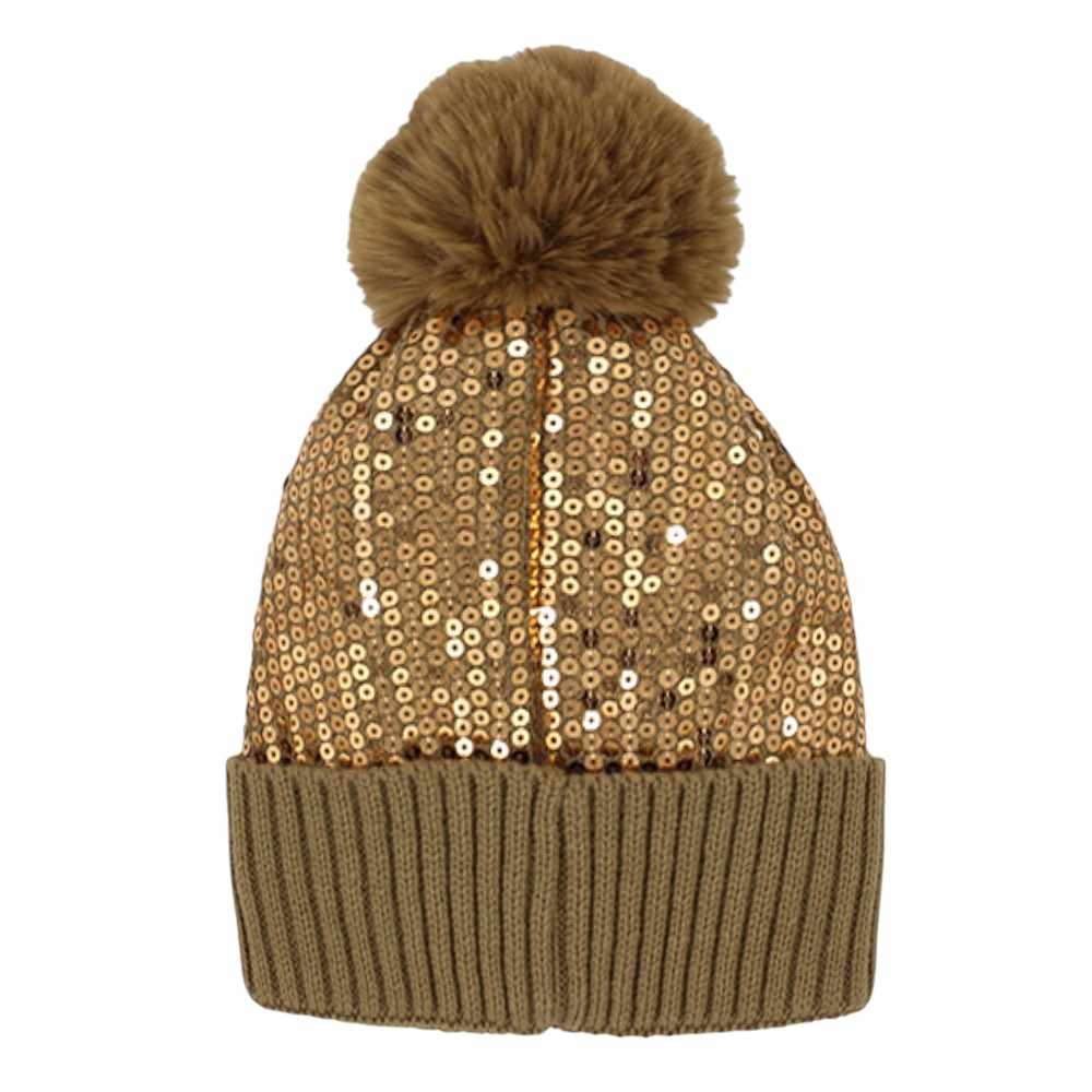 Glitzy Sequin Embellished Pom Pom Beanie Hat