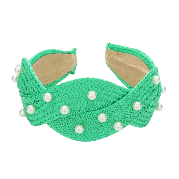 Pearl Embellished Braided Straw Headband