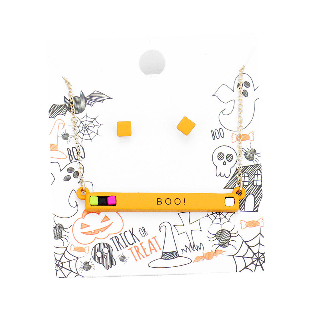 Halloween Boo Bar Cube Resin Pendant Necklace Earring Set