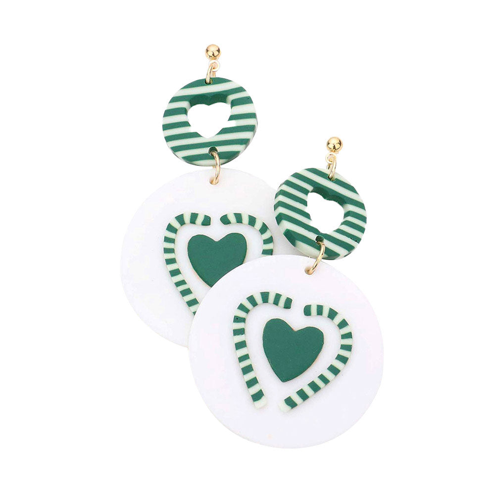 Heart Candy Cane Accented Round Polymer Clay Dangle Earrings
