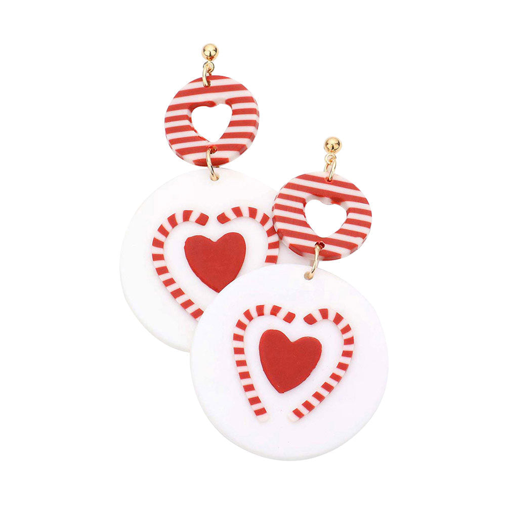 Heart Candy Cane Accented Round Polymer Clay Dangle Earrings