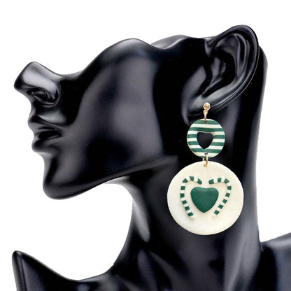 Heart Candy Cane Accented Round Polymer Clay Dangle Earrings