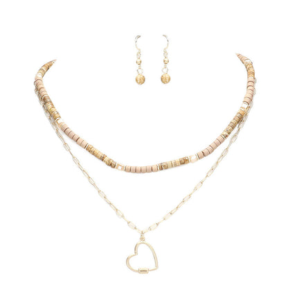 Heart Pendant Wood Natural Stone Double Layered Jewelry Set