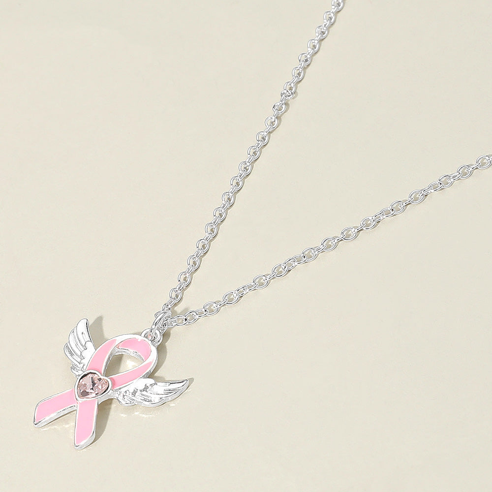 Heart Stone Pointed Enamel Pink Ribbon Angel Wing Pendant Necklace