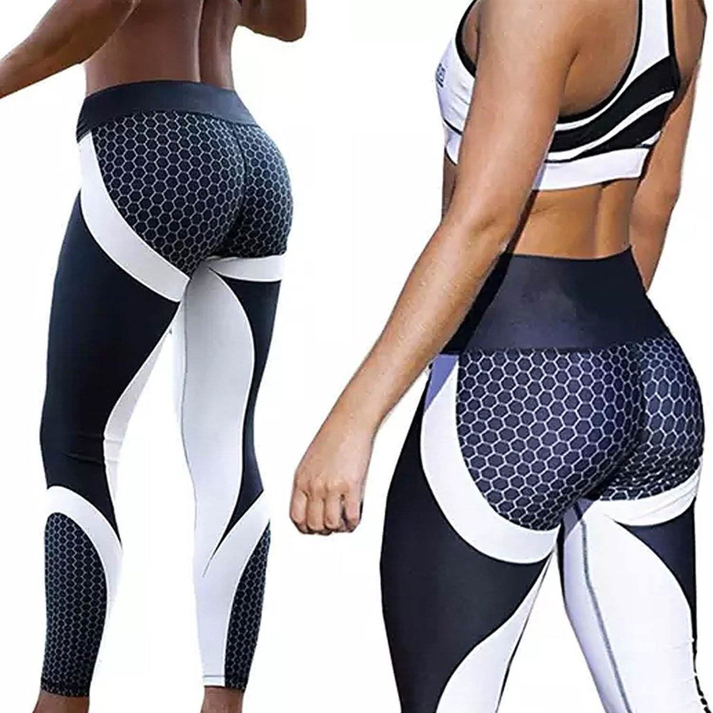 Pantalones Leggings de Deporte Yoga Fitness para Gimnasio Fruncidos de Diseño de Panal de Abeja de Cintura Alta