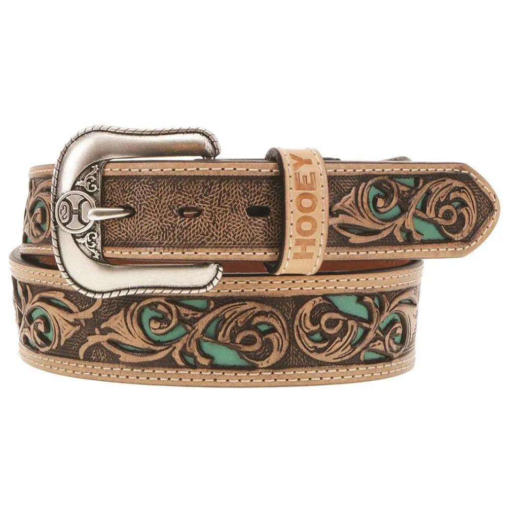 Cinturón de cuero vaquero para hombre HOOey Top Notch, repujado a mano (natural/turquesa)