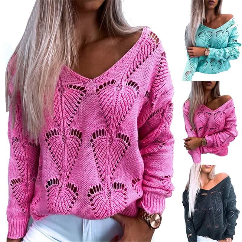 Suéter de manga larga con diseño calado, cuello en V y transparente