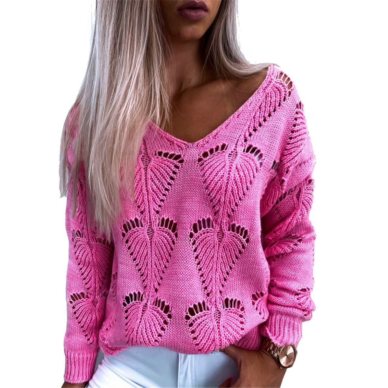 Suéter de manga larga con diseño calado, cuello en V y transparente