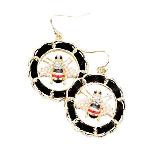 Pendientes de aro con cadena metálica de ante sintético y abeja