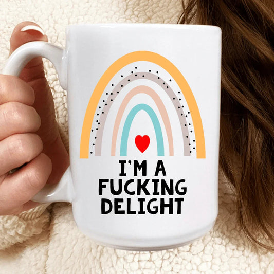 "I'm A Fucking Delight" – Sassy Boho Rainbow Ceramic Coffee Mug