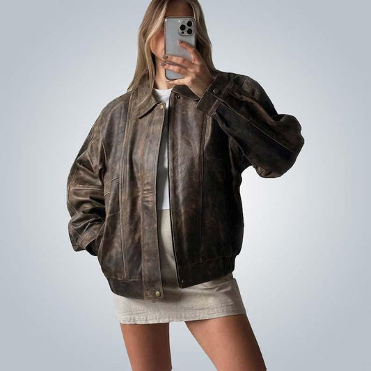 Chaqueta de cuero auténtico vintage para mujer, estilo urbano, holgada, de corte cuadrado, color marrón, grande, retro, desgastada, años 80, regalo para ella