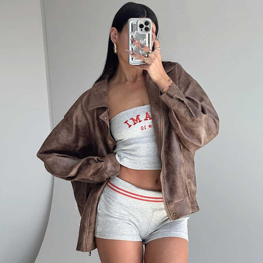 Chaqueta de cuero auténtico vintage para mujer estilo urbano de los 80, holgada, extragrande, retro, desgastada, color marrón chocolate, regalo para ella