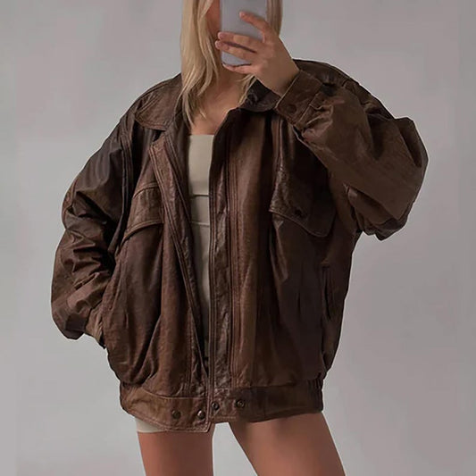 Chaqueta bomber de cuero genuino de piel de cordero marrón de gran tamaño hecha a mano para mujer de los años 80, chaqueta de cuero auténtico para mujer, regalo para él y ella