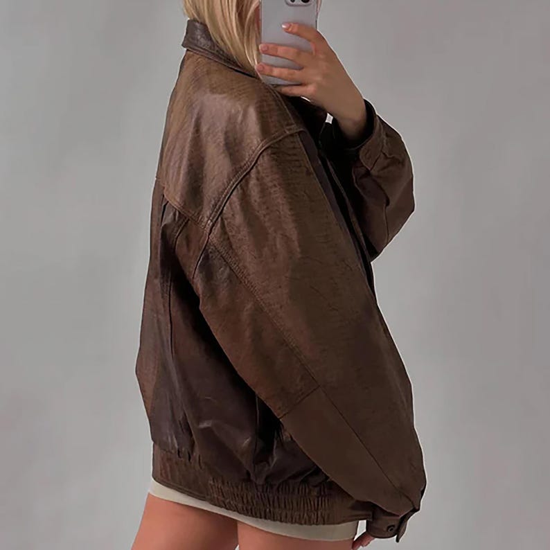 Chaqueta bomber de cuero genuino de piel de cordero marrón de gran tamaño hecha a mano para mujer de los años 80, chaqueta de cuero auténtico para mujer, regalo para él y ella