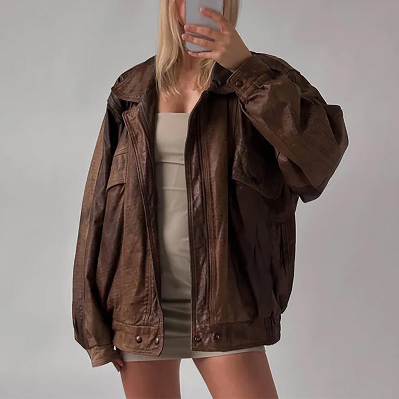 Chaqueta bomber de cuero genuino de piel de cordero marrón de gran tamaño hecha a mano para mujer de los años 80, chaqueta de cuero auténtico para mujer, regalo para él y ella