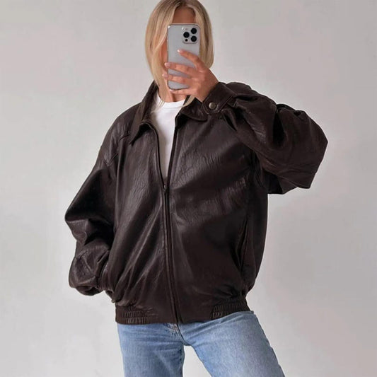 Cazadora bomber de cuero marrón para mujer, años 80, chaqueta de cuero de oveja extragrande de corte recto para mujer, chaqueta de cuero genuino suave para mujer, regalo para ella