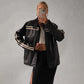 80's Women's Vintage Black Oversized Jacket, Women Casual Genuine Leather Jacket, Ladies Black Striped Jacket, 80's Style Jacket, Gift Her
