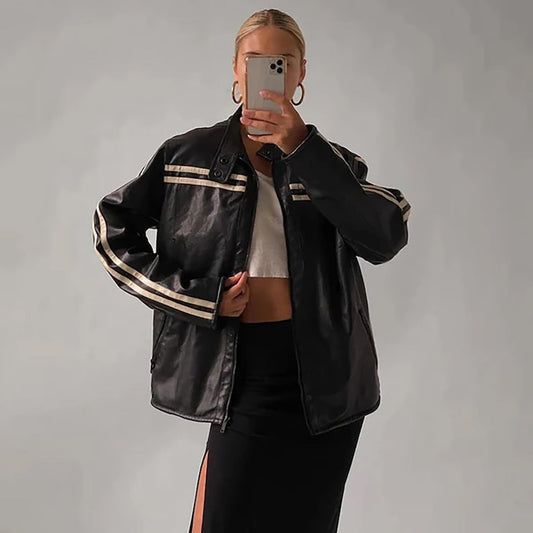 Chaqueta oversize negra vintage de los 80 para mujer, chaqueta casual de cuero genuino para mujer, chaqueta a rayas negra para mujer, chaqueta estilo años 80, regalo para ella