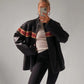 1980's Women Distressed Black Oversized Jacket, Women's Casual Genuine Leather Jacket, Women Black Striped Jacket, Christmas Gift For Her