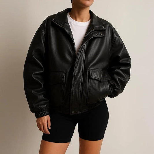 Chaqueta de cuero negra extragrande para mujer de los años 80, chaqueta de cuero retro vintage para mujer, chaqueta de cuero genuino de calle para mujer, regalo para él