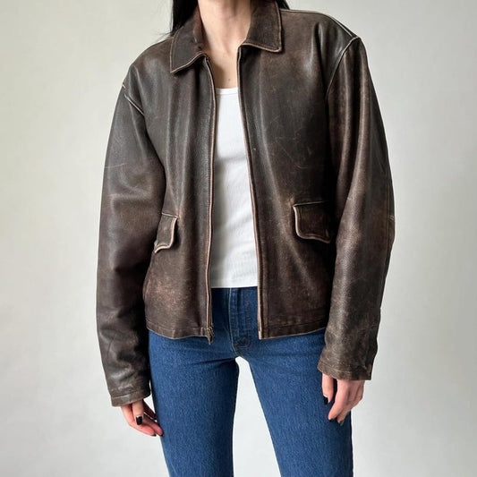 1980s Oversized Retro Distressed Brown Vintage Real Leather Jacket Women’s Streetwear Loose Fit Leather Jacket, Gift For her