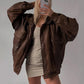 Chaqueta bomber de cuero genuino de piel de cordero marrón de gran tamaño hecha a mano para mujer de los años 80, chaqueta de cuero auténtico para mujer, regalo para él y ella