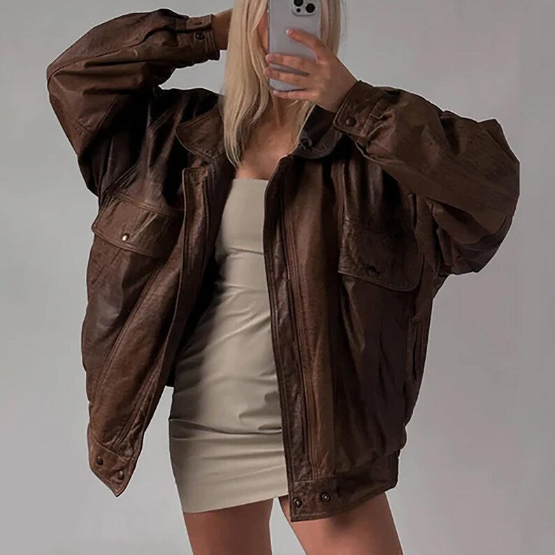 Chaqueta bomber de cuero genuino de piel de cordero marrón de gran tamaño hecha a mano para mujer de los años 80, chaqueta de cuero auténtico para mujer, regalo para él y ella