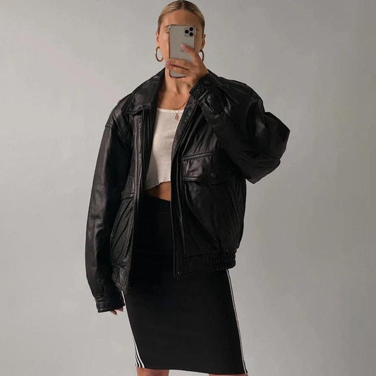 Chaqueta de cuero negra vintage extragrande de los 80, chaqueta de cuero de manga larga para mujer, chaqueta de cuero de talla grande para mujer, chaqueta para regalo, colección de chaquetas
