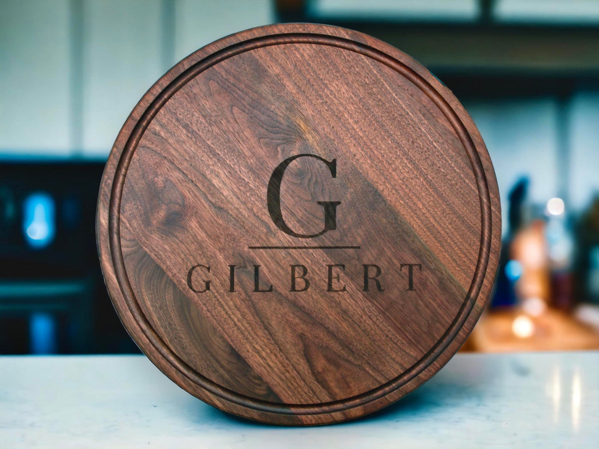 18" Walnut Personalized Round Board with Juice Groove, 18” Round Personalized Charcuterie Board, Wedding Gift, Gift For the Couple, USA Made