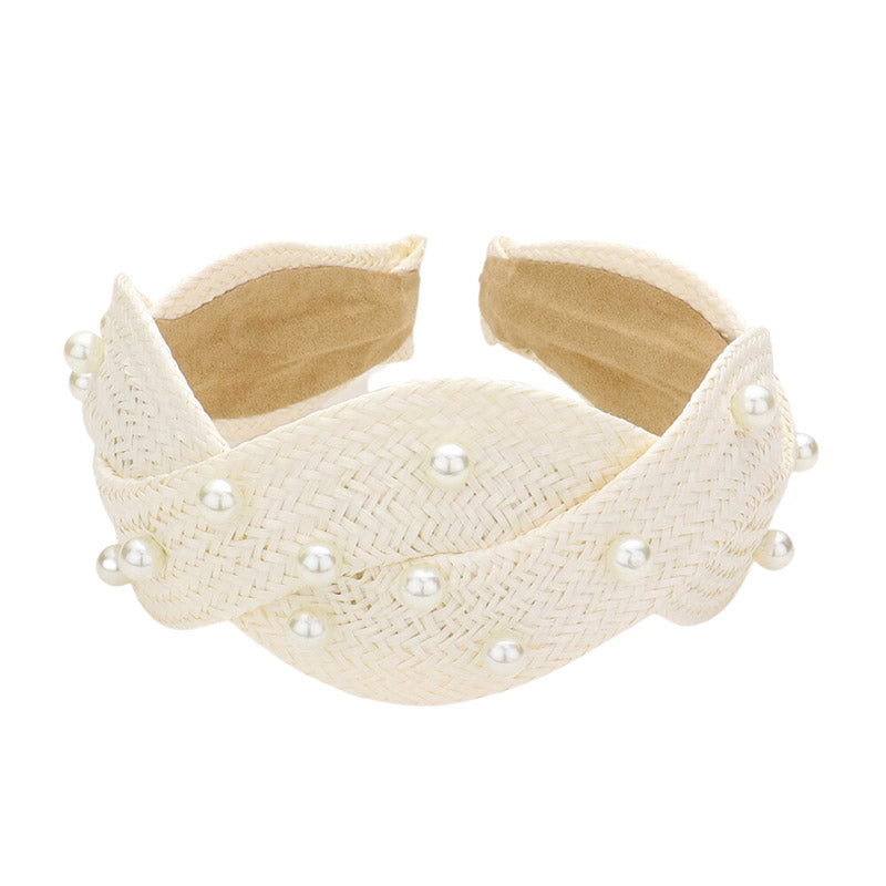 Pearl Embellished Braided Straw Headband