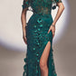 Ladivine J832 Long Floral Print Fitted Off the Shoulder Gown with Slit