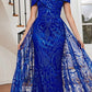 Vestido largo de encaje Ladivine J836 con hombros descubiertos y sobrefalda