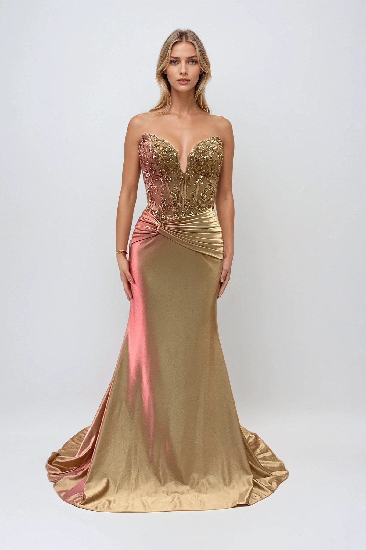 Vestido de fiesta de raso con corsé deshuesado, escote corazón y sin tirantes Juliet JT2534K