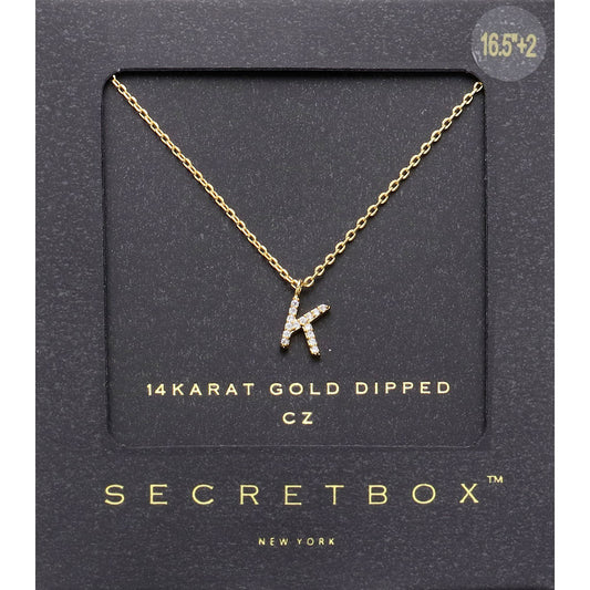 -K- Secret Box _ 14K Gold Dipped Cubic Zirconia Initial Monogram Pendant Necklace
