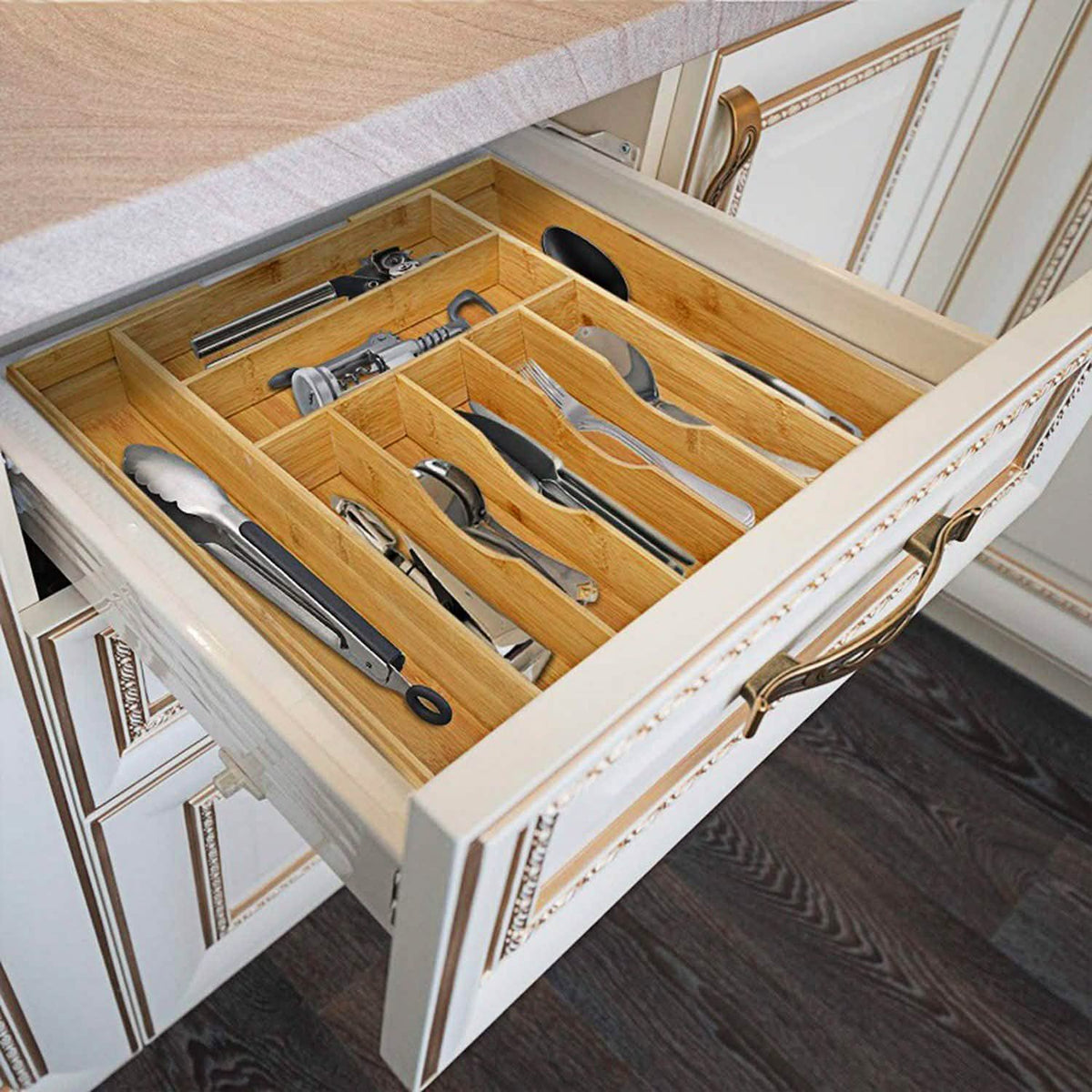 Organizador de cubiertos expandible de bambú para cajón de cocina