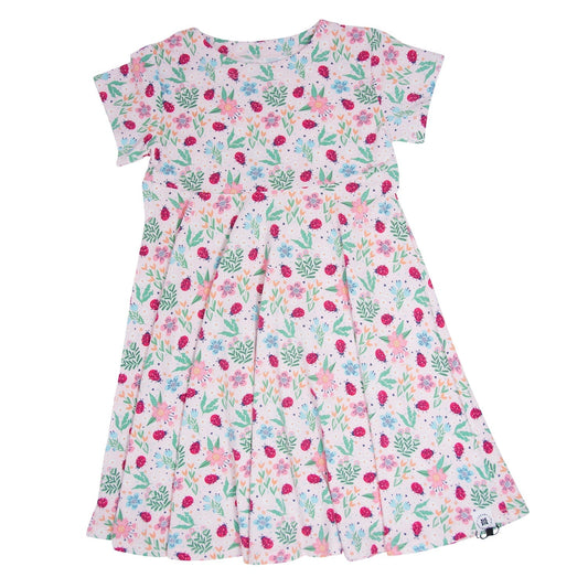 Vestido con manga casquillo y vuelo Swirly Girl de jardín de flores de mariquita