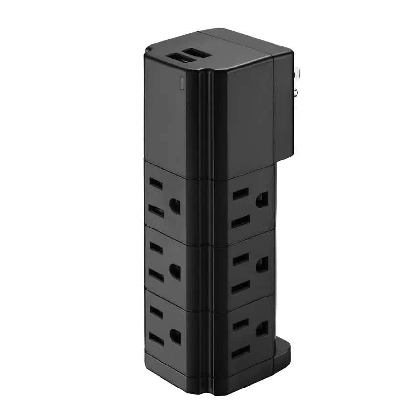 LAX Torre de carga múltiple con protección contra sobretensiones, 9 tomas de corriente y 2 puertos USB