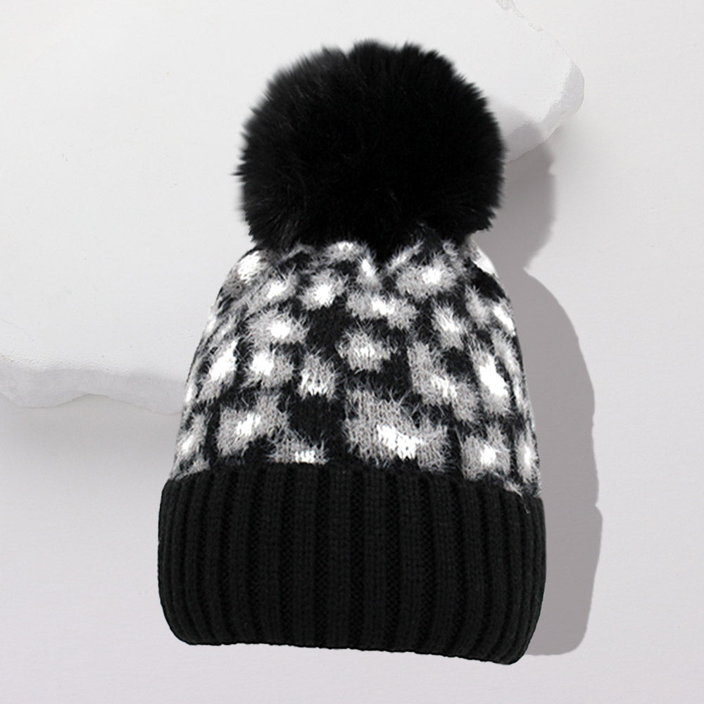 Leopard Pattern Pom Pom Beanie Hat