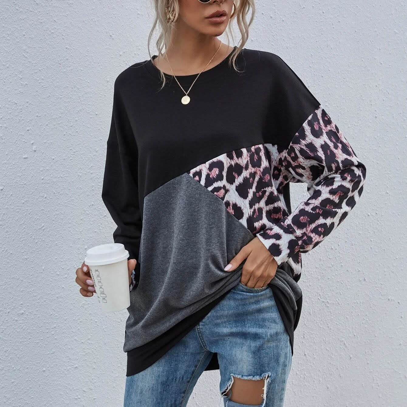 Sudadera con hombros caídos y bloques de color con estampado de leopardo